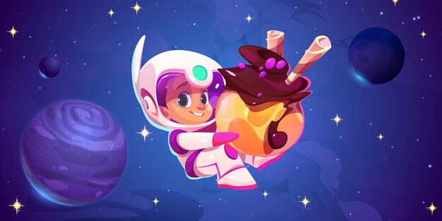 Niño astronauta flotando en el espacio con un dulce planeta en las manos Vector ilustración de dibujos animados de un lindo personaje de niño cosmonauta sonriendo usando traje espacial y casco volando en el cielo nocturno con estrellas brillantes