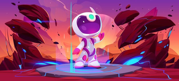 Niño astronauta de pie en el portal de teletransporte alienígena