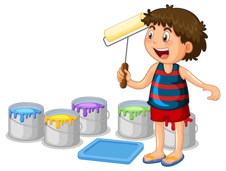 Vector gratuito niño con baldes de pinturas
