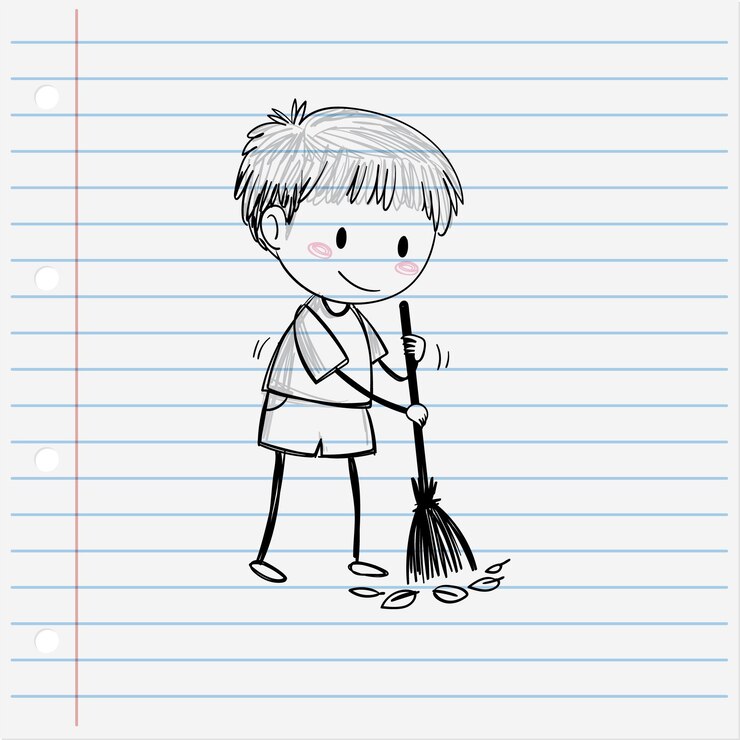 Vector gratuito niño barriendo hojas en la página del cuaderno
