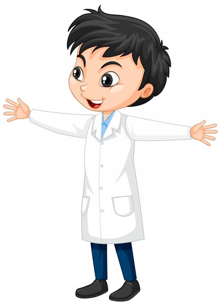 Niño en bata de ciencia en aislado