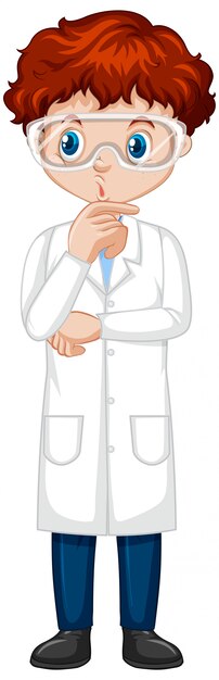 Niño en bata de ciencia en blanco