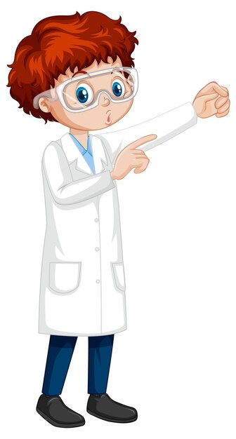 Un niño con bata de laboratorio personaje de dibujos animados.