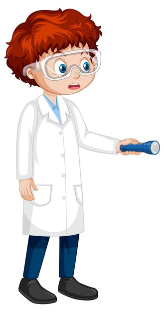 Un niño con bata de laboratorio personaje de dibujos animados.