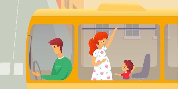 Vector gratuito niño bueno que ofrece asiento en el transporte para una mujer embarazada niño amable y cortés de pie ayudando con asientos para una niña en el transporte