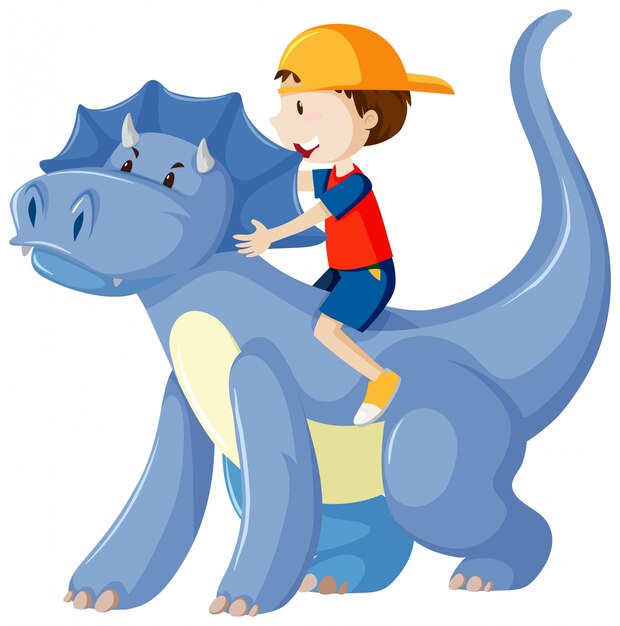 Niño cabalgando sobre el personaje de dibujos animados de dinosaurios aislado sobre fondo blanco.