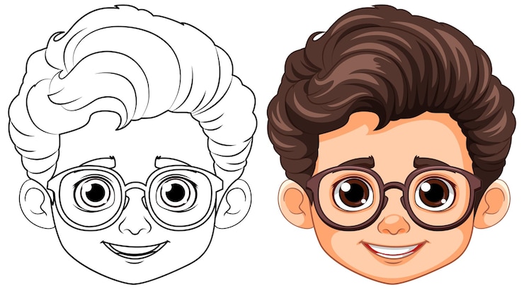 Vector gratuito niño de cabello marrón y ojos marrones contorno para colorear