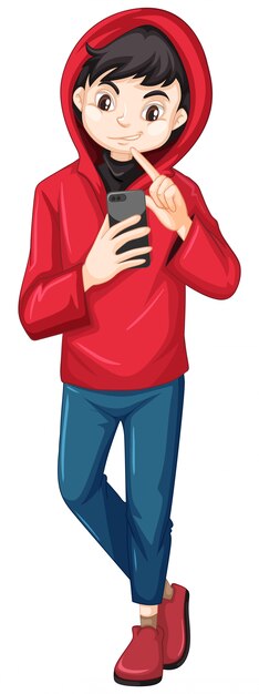 Niño con capucha roja con personaje de dibujos animados de teléfono inteligente aislado sobre fondo blanco.