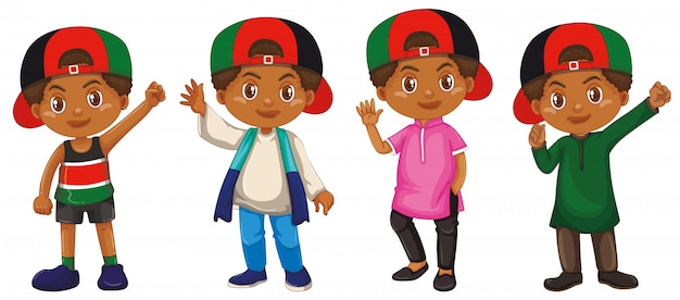 Vector gratuito niño con cara feliz en diferentes trajes