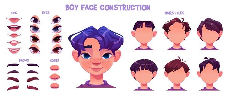 Vector gratuito niño, carácter, cara, avatar, construcción, caricatura, vector, conjunto, animación, constructor, con, pelo, ojo, boca, y, cejas, para, niño pequeño, generador, aislado, ong, colección, para, niño, cabeza, parte facial