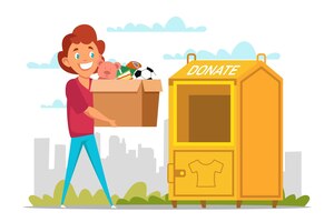 Vector gratuito niño cargando juguetes donaciones pequeño niño sonriente sosteniendo una caja de cartón con pertenencias para niños necesitados caridad de la ciudad moderna y contenedor de donaciones