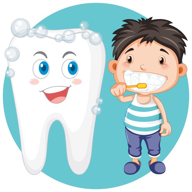 Niño cepillándose los dientes junto a dientes sanos