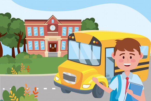 Niño chico y escuela de bus