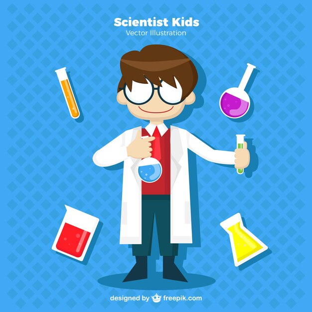 Niño científico con gafas y elementos de laboratorio