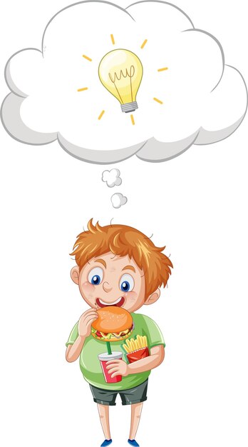 un, niño, comida, y, pensamiento, blanco, plano de fondo