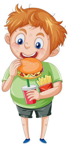 Un niño comiendo comida rápida en un fondo blanco.
