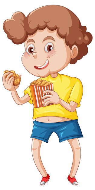 Un niño comiendo comida rápida en un fondo blanco.
