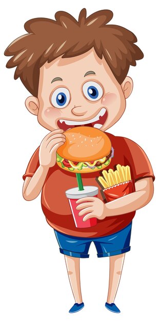 Un niño comiendo comida rápida en un fondo blanco.