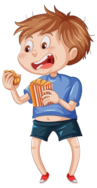 Un niño comiendo comida rápida en un fondo blanco.