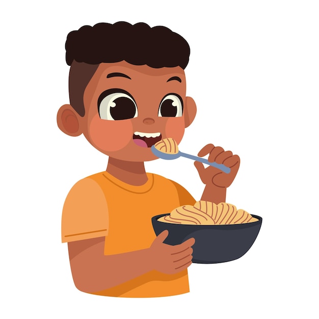 Vector gratuito niño comiendo fideos ilustración aislada