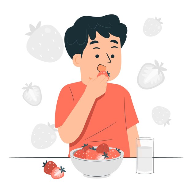 Niño comiendo ilustración del concepto de fresas
