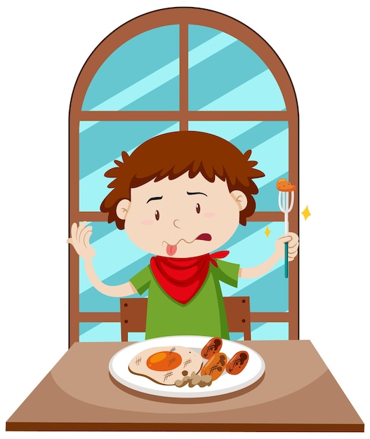 Niño comiendo mala comida en la mesa de comedor