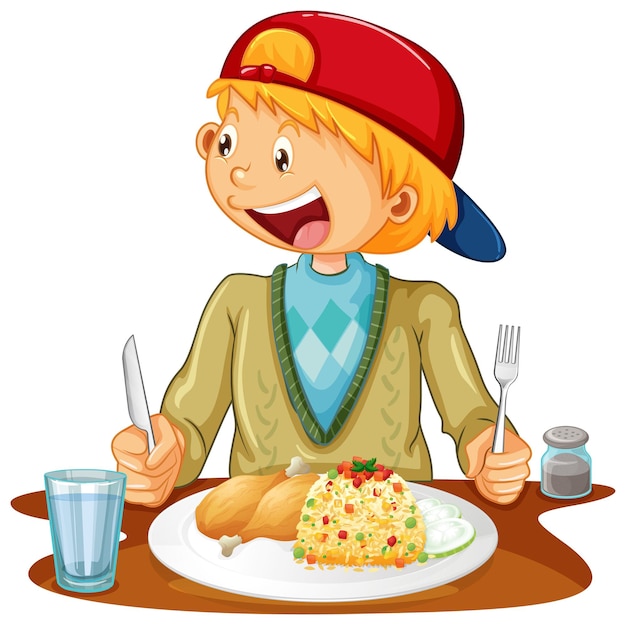 Un niño comiendo en la mesa sobre fondo blanco.