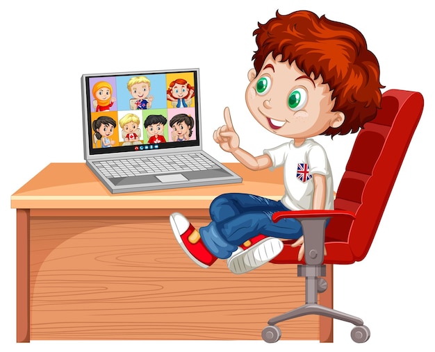 Vector gratuito un niño comunica videoconferencia con amigos en blanco.