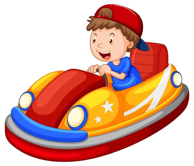 Niño conduciendo coche de parachoques en diseño de dibujos animados