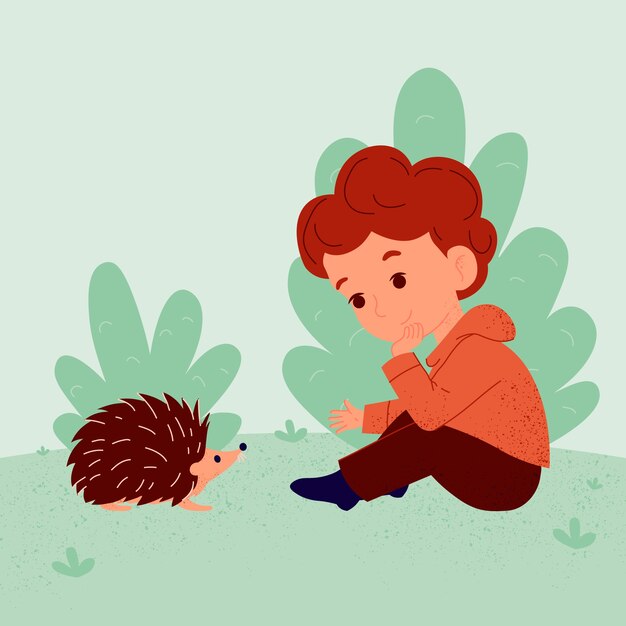 Niño dibujado a mano con ilustración de erizo