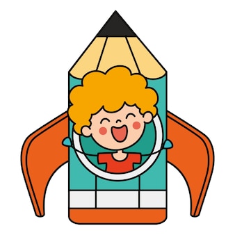 Niño de dibujos animados dibujados a mano en un cohete de lápiz