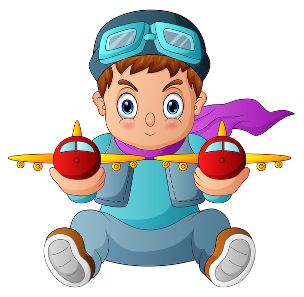 Niño de dibujos animados jugando con avión de juguete