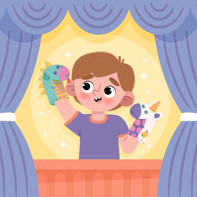Niño de dibujos animados jugando con marionetas de mano