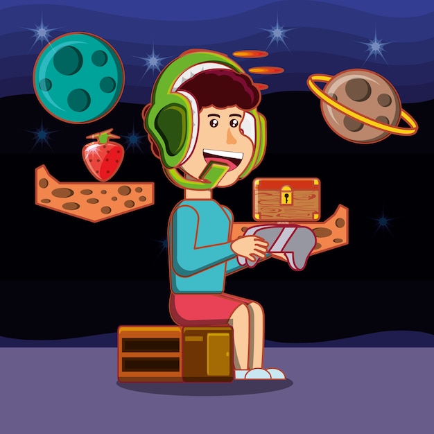 Nino De Dibujos Animados Jugando Videojuegos Sobre Fondo Del Espacio Vector Premium