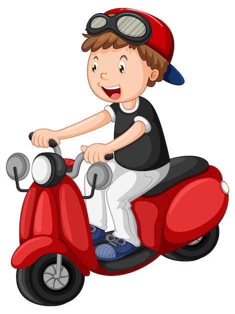 Niño de dibujos animados montando scooter sobre fondo blanco