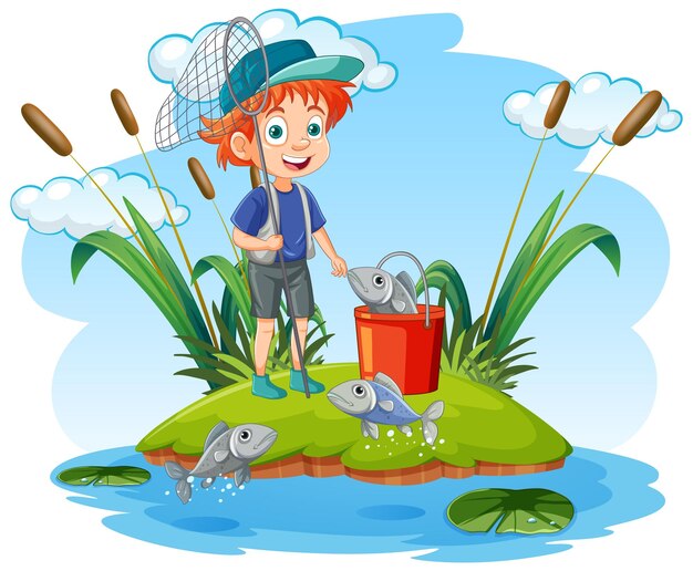 Niño de dibujos animados pescando en el estanque