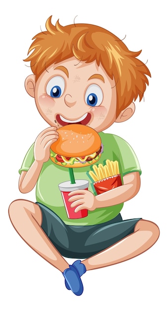 Vector gratuito un niño disfruta comiendo comida rápida