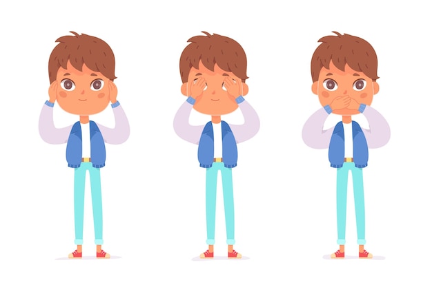 Niño divertido cerrar boca ojos y oídos chico lindo cubrir partes del cuerpo con brazos como 3 monos sabios aislados en blanco No ver hablar y escuchar concepto