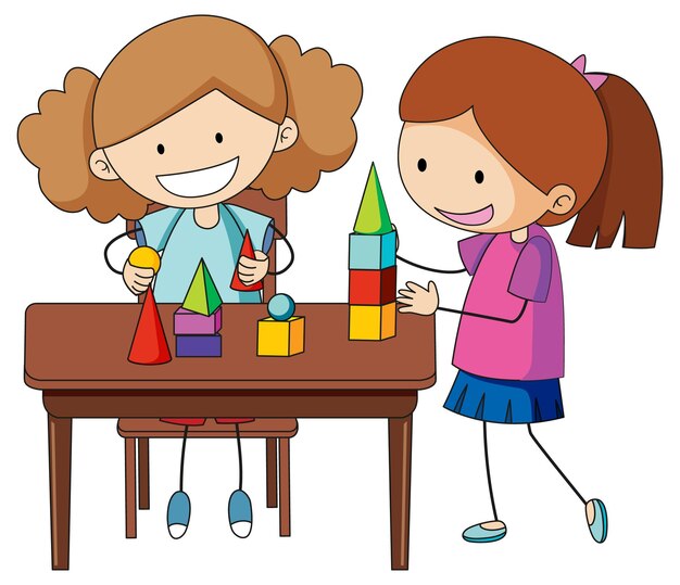 Un niño de doodle jugando juguete en el personaje de dibujos animados de mesa aislado