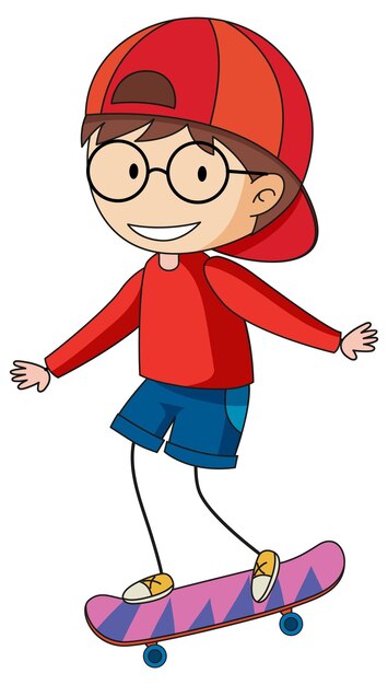 Un niño de doodle jugando personaje de dibujos animados de patineta aislado