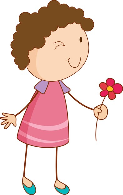 Un niño de doodle con personaje de dibujos animados de flores aislado