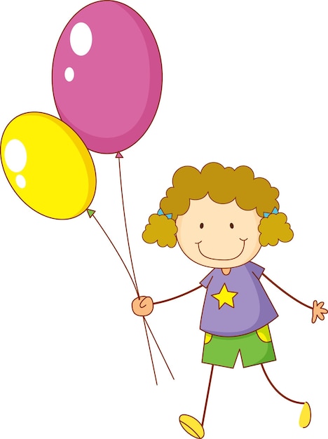 Un niño del doodle que sostiene el personaje de dibujos animados de globos aislado
