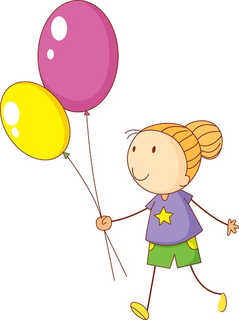 Un niño del doodle que sostiene el personaje de dibujos animados de globos aislado