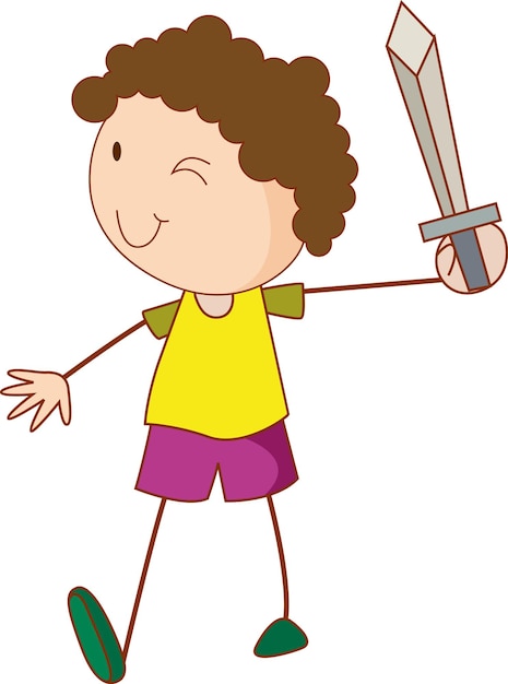 Vector gratuito un niño de doodle sosteniendo un personaje de dibujos animados de espada aislado