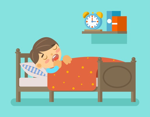 Niño durmiendo en la cama. Hora de acostarse y habitación con niño pequeño.