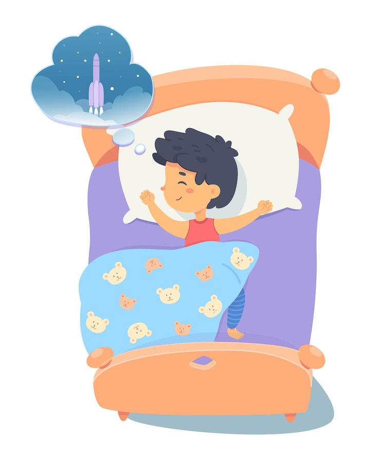 Niño durmiendo en la cama soñando con volar en nave espacial en burbuja Niño tranquilo debajo de una manta sobre una almohada en el dormitorio dormido por la noche soñar con ser astronauta