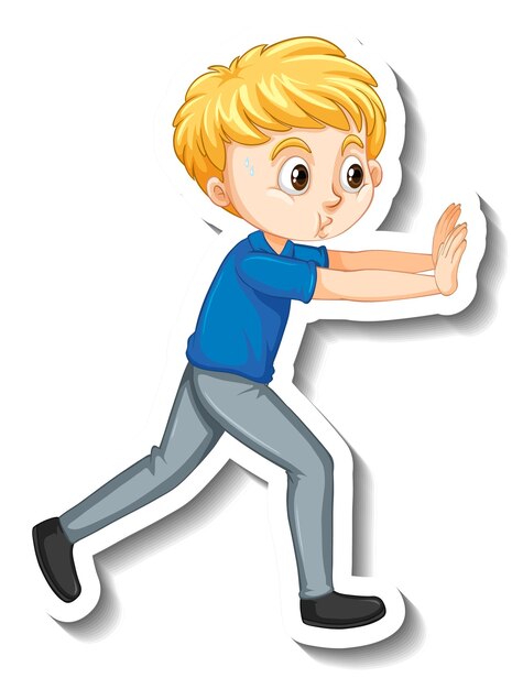 Un niño empujando pose personaje de dibujos animados pegatina