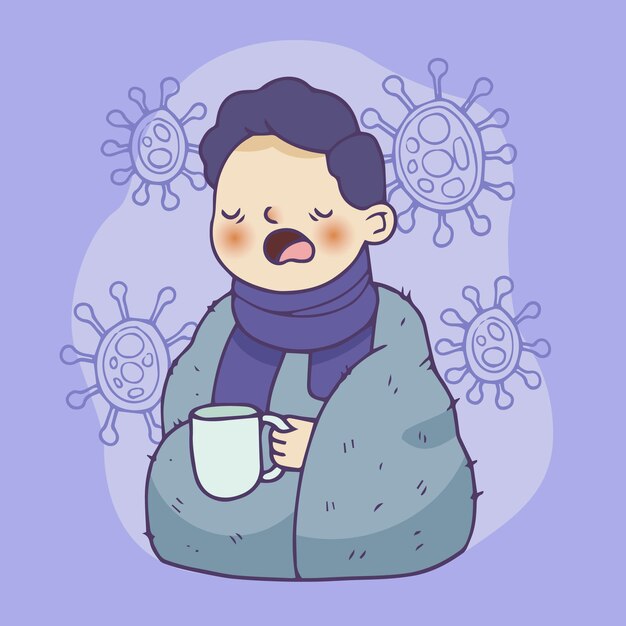 Niño enfermo con una taza de té