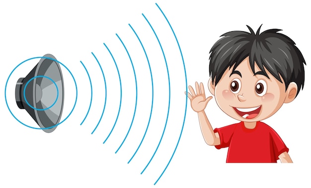Un niño escuchando sonido con icono de altavoz