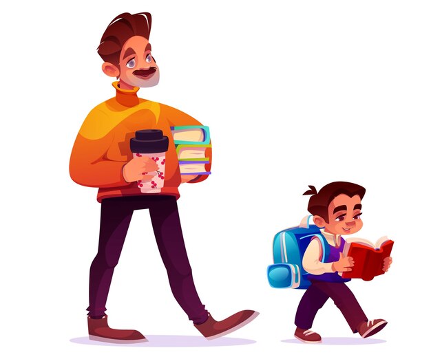 Niño de escuela y maestro caminando a la escuela